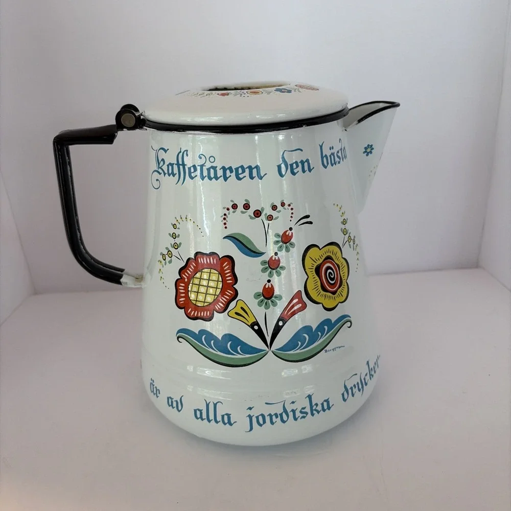 Vintage 1960's BERGGREN Scandinavian Enamelware Large Coffee Pot As Is